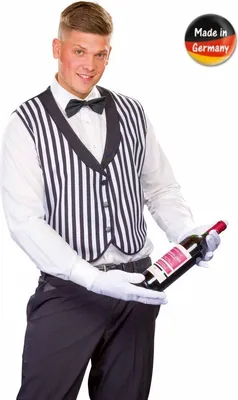 Butler Kostüm Weste Diener Schwarz Weiß gestreift für Herren von Vorne mit Made in Germany Logo
