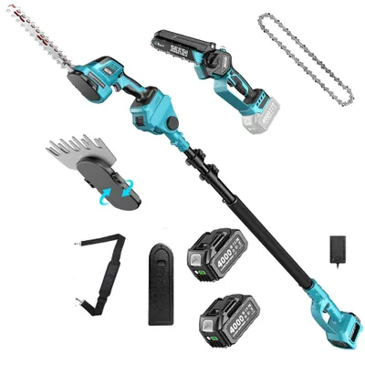 Produktbild von 6-in-1 Gartengerät - Elektrische Heckenschere und Hochentaster - 2,4 m Teleskopstiel - Bürstenloser Motor - 2 x 4,0-Ah-Akkus - Zum Beschneiden und Unkrautjäten