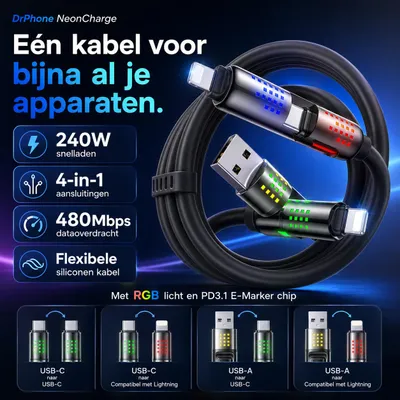 Productafbeelding van DrPhone NeonCharge 4-in-1 Oplaadkabel – 240W USB-C PD – Compatibel met Lightning