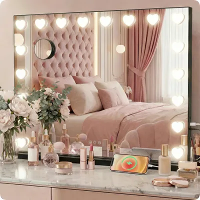Zdjęcie produktu dla Lustro do makijażu Hollywood czarne make-up 58x46cm 18 LED barwa światła lusterko X10
