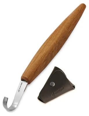 Gebogenes Holzschnitzmesser SK5s mit Lederscheide, 5 cm Klinge