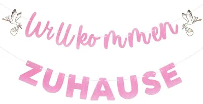 Produktbild von Willkommen Zuhause Girlande Baby Mädchen Rosa Glitzer Storch Fertig Aufgefädelt 2x3m