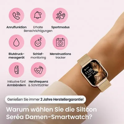 Produktbild von Siltcon Seréa Smartwatch Damen mit Telefonfunktion – 1,83 Zoll AMOLED, 100+ Sportmodi und Schlaftracking – 5 Armbänder – Gold