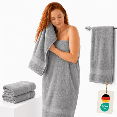 Produktbild von Komfortec 2er Set Duschtücher, 70x140cm Größe, Doppelpack, %100 Baumwolle, Handtücher, Frottee, Weich, Saugstark, Grau, KI-generiertes Bild