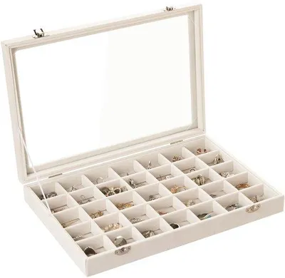 Immagine prodotto di Organizer per gioielli Unyqoos® con scomparti regolabili, rivestito in velluto, con coperchio in vetro trasparente e chiusure in metallo – ideale per conservare anelli, orecchini e braccialetti
