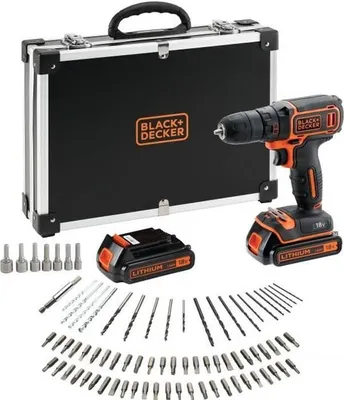 Immagine prodotto di Trapano avvitatore a batteria, 18 V, 2 batterie, BLACK+DECKER BDCDC18BAFC-QW, caricabatterie, valigetta + 80 accessori