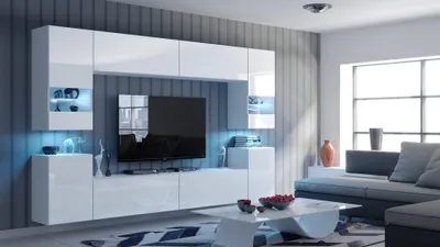 Produktbild von Furnitech Wohnwand Wohnzimmer - Wohnzimmer Möbel mit LED Blau - Hängend Wohnwand Modern - Wohnzimmer Schrankwand(Future C27/HG/W2 1B)