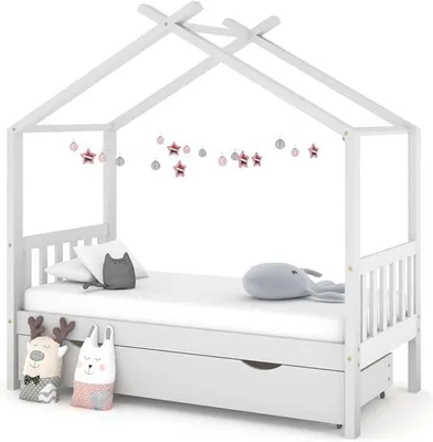 Image de Lit bébé avec tiroirs, lit en forme de maison, lit en bois pour enfants avec barrière de sécurité, structure de lit avec sommier à lattes, en bois massif (pin), sans matelas, de couleur blanche, dimensions 80 x 160 cm