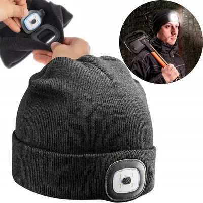 A collage showing a beanie with a built-in LED light, demonstrating its features and use.
