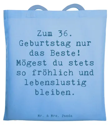 Produktbild von Mr. & Mrs. Panda Shopping Tasche Spruch 36. Geburtstag - Sky Blue - Geschenk, Feiern, von Herzen, Geburtstagsgeschenk, Schultasche, Meilenstein, Tragetasche, Beutel