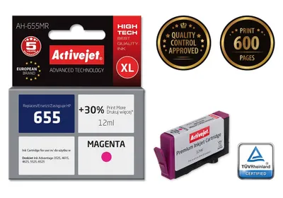 Produktbild von Activejet AH-655MR Tintenpatrone für HP Drucker; HP 655 CZ111AE-Ersatz; Prämie; 12ml; Magenta