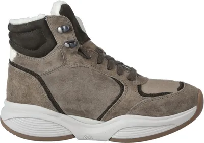 A side view of a taupe and beige high-top boot.
