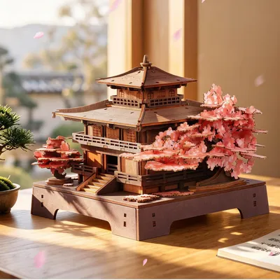 Image de Puzzle en bois 3D, modèle du pavillon Sakura, kit de construction, architecture japonaise, kit de bricolage, sans colle