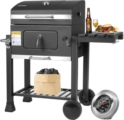 Produktbild von Holzkohlegrill, Stahlkonstruktion, 116 x 55,7 x 100 cm Abmessungen, 578 Quadratzoll Grillfläche, 3 Grillroste, verstellbare Kohleschale