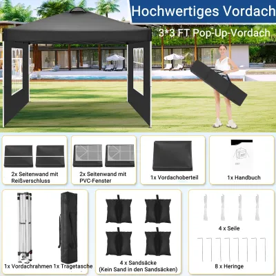 Produktbild von Pavillon 3x3 Wasserdicht Stabil Winterfest, Faltpavillon mit 4 Seitenwänden,UV-Schutz 50+ Gartenzelt Partyzelt, Gartenpavillon für Garten Party Markt