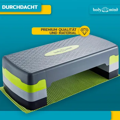 Produktbild von Body & Mind Premium Aerobic Steppbrett für Zuhause – höhenverstellbar (10, 15, 20 cm) – rutschfestes Fitness-Stepper Board inkl. E-Book