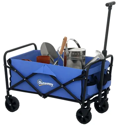 Image de Chariot de jardin pliable - Avec roues - Poignée télescopique réglable - Idéal pour le camping et les courses - Dimensions : 76 x 48 x 86 cm - Couleur : bleu