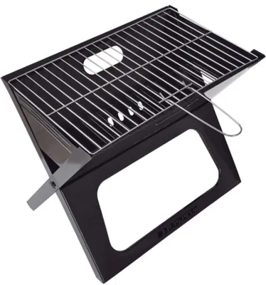 A black portable grill with a silver grate is shown from a diagonal angle against a white background.