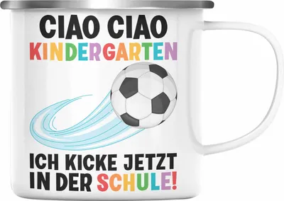 Produktbild von Trendation - Einschulung Junge Fußball Schulkind Geschenk für Schultüte Füllung Emaille Tasse Schulstart 1. Schultag Schuleinführung Schulanfang Geschenkidee 2022 (Silber)
