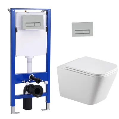 Produktbild von Pack WC Vorwandelement Set + Hänge Spülrandlos WC Toilette Quadrat + 114 cm Unterputzspülkasten mit Rechteckig Chrome Drückplatte HOROW
