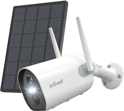 A white security camera with a solar panel, shown against a white background.