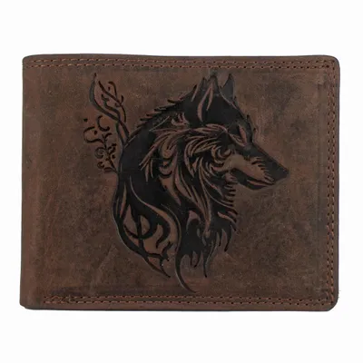 Produktbild von RFID Büffel Echt Leder Geldbörse mit geprägtem Wolf Motiv Braun Querformat