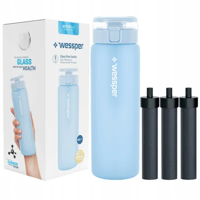 Zdjęcie produktu dla Wessper ActiveMax Clarti Szklana butelka z filtrem 680 ml Niebieska + 3 wkłady filtrujące