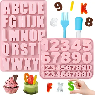 Produktbild von 2 Stück Silikonform Buchstaben und Silikonform Zahlen, A-Z & 0-9 Groß Buchstaben Zahlen Backform mit Liquid Dropper und Silikonbürsten, 3D Silikonformen Gießformen für Kuchen, Keks, SüßIgkeiten (Rosa)