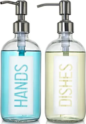 Immagine prodotto di Distributore di sapone da cucina in vetro, con pompa in acciaio inossidabile 304 - Set da 2 - Dispenser per sapone per mani e piatti, con etichette