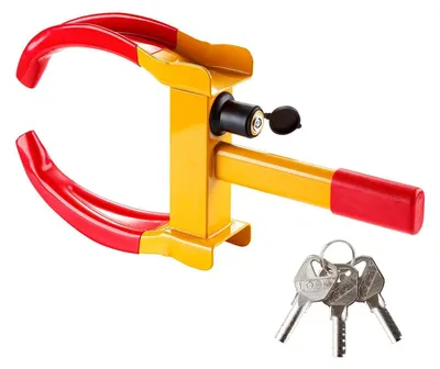 Zdjęcie produktu dla Zabezpieczenie przed kradzieżą kół, regulowane, zakres 17,8-27,9 cm, opony żółto-czerwone, stal, 3 klucze