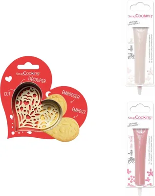 Produktbild von Herz-Relief-Plätzchen-Set + 2 weiße und rosa pastellfarbene Schokoladenstifte
