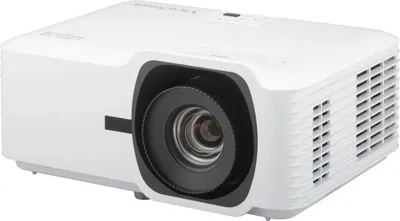 A white DLP projector is shown from a slightly elevated front-left angle against a white background.