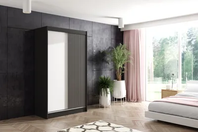 Produktbild von ALTDECOR Kleiderschrank mit Lamel-Schiebetüren, kugelgelagerte Führungsschienen und Aluminium-Leisten, LED-Beleuchtung und Fernbedienung - VILO - 120 cm - Schwarz/Lamelle Schwarz