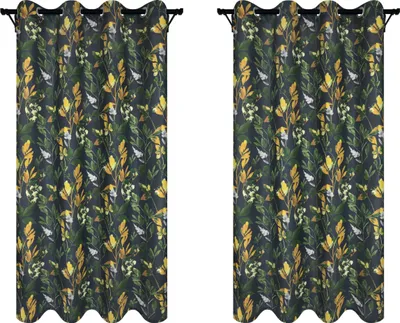 Two identical curtains with a leaf pattern are displayed side-by-side against a white background.