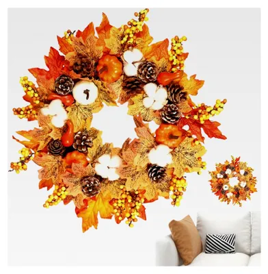 Produktbild von Herbstgirlande, Türkranz, 45 cm, künstliche saisonale Dekoration mit Kürbis, Beeren und Blättern für Halloween, Thanksgiving, Weihnachten und Feste