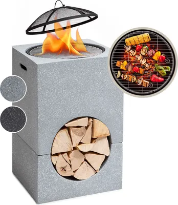 Produktbild von Blumfeldt Feuerschale, Tragbare Feuerstelle Outdoor, Feuerschalen für den Garten, Terrasse & Camping, Feuerschale mit Grillrost & Holzlagerfach, Sichere Stahlschale, Feuerstelle 50 x 75 x 50 cm
