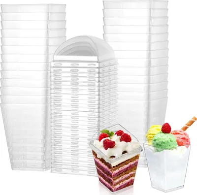 Produktbild von 50 Stück Wiederverwendbare Dessertgläser mit Deckel, 160ml Dessertschalen,Quadratisch Dessert Becher mit Deckel,Dessertbecher für Pudding,Mousse Party