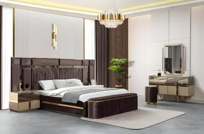 Image de Ensemble complet pour chambre à coucher comprenant un lit, des tables de chevet, une coiffeuse et un pouf