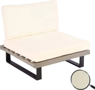 Productafbeelding van Loungestoel HWC-H54, tuinstoel, gemaakt van spaanplaat met een fineer van acaciahout, gecertificeerd door MVG, aluminium frame in grijze tint, bekleed met crèmekleurige bekleding