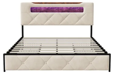 Zdjęcie produktu dla Łóżko tapicerowane 160x200 cm - aksamit - 4 szuflady z miejscem do przechowywania - oświetlenie LED - port USB do ładowania - zagłówek z półką - kolor beżowy