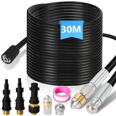 Produktbild von Vigevee Rohrreinigungsschlauch Set Abflussreiniger 30 m 160 bar, Hochdruckreiniger Zubehör mit 2 Düsen & 2 Adaptern, rotierende Düse, für Abflussrohre
