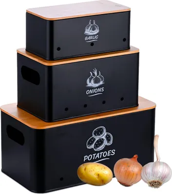 Produktbild von Relaxdays Aufbewahrungsbox 3er Set, Kartoffeln Zwiebeln  Knoblauch, Gemüsebox Deckel, Vorratsdose Küche, Metall, schwarz