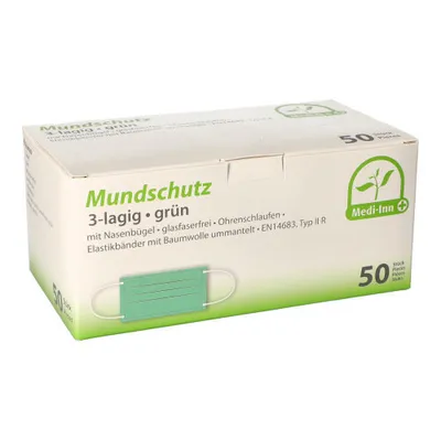 Produktbild von Medi-Inn Mundschutz Atemschutz mit Nasenbügel und Elastikbändern Typ IIR 3-lagig grün (10 x 50 = 500 Stück)