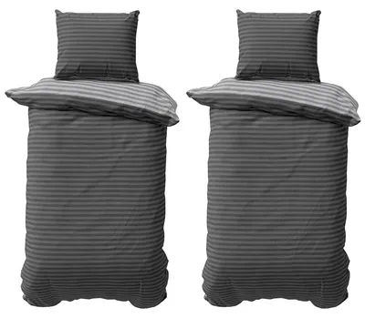 Produktbild von Baumwolle Bettwäsche 135x200 cm AnthrazitGrau gestreift Stripe Damast Bettbezug PolyBaumwolle Wendebettwäsche 4 teilig