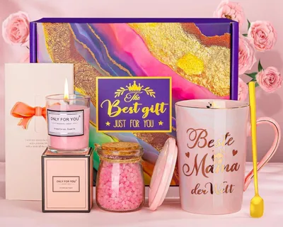 Produktbild von ALBISS Mama Geschenk Set 400ml Tasse Badesalz Duftkerze Spa-Set in Rosa - Geburtstagsgeschenk Mutter