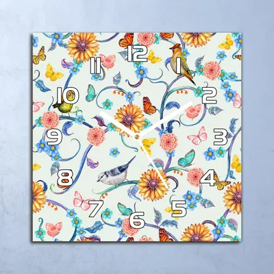Produktbild von Deko Glasuhr Wanduhr 30x30 Bunte Vögel Blumen Quarz Küchenuhr Bürouhr
