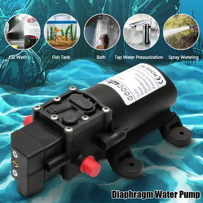 A diaphragm water pump is shown with various applications illustrated around it.