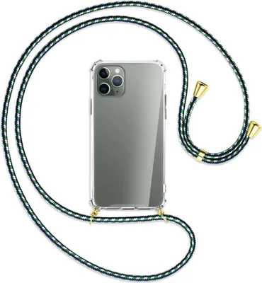 Produktbild von Handykette Backcover-Schutzhülle mit Band (Metall goldfarben) für Apple iPhone 11 Pro - grün/blau/weiß