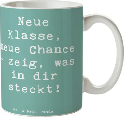 Produktbild von Mr. & Mrs. Panda Pott Spruch Erster Schultag Neue Klasse - Meeresbrise - Geschenk, Becher, Tasse, inspirierende Worte, Zuversicht, Kaffeetasse, Freundschaften, Trost