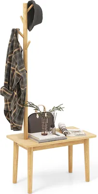 Produktbild von COSTWAY Beistelltisch mit Garderobenständer aus Massivholz mit 2-in-1-Tisch/Schuhbank & 3 Haken freistehender Kleiderständer Natur